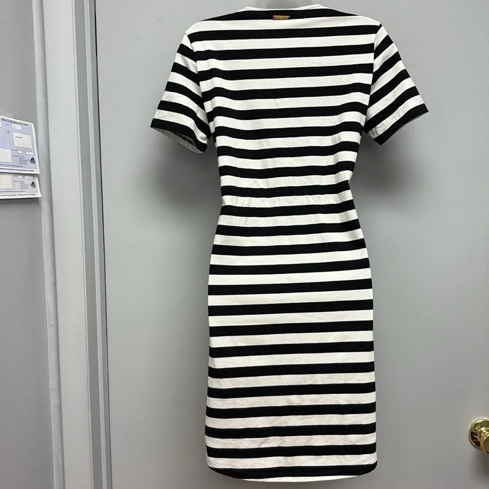 NEW Michael Kors Short Sleeve Lace Detailed Neckline Striped Dress Size Small